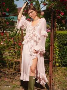 Irregular V-Neck Ruffled Slit Maxi Dress - Pink - View 1
