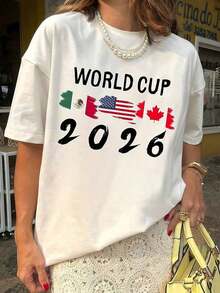 2026 World Cup Printed Short-Sleeved T-Shirt, Spring To Summer; Women's Casual Shirt, Women's T-Shirt, Women's Spring And Summer Clothing, Top.Summer Outfits For Women2026  World Cup - trắng - Xem 2