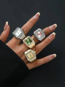 New BLINGBLING Fashion Ring Watch, Minimalist Unique Square Design With Rhinestones, Ins Style, Stackable, Niche Designer Piece, Suitable For Daily Wear, Dating, Parties, Birthday Gift - one-size - View 1