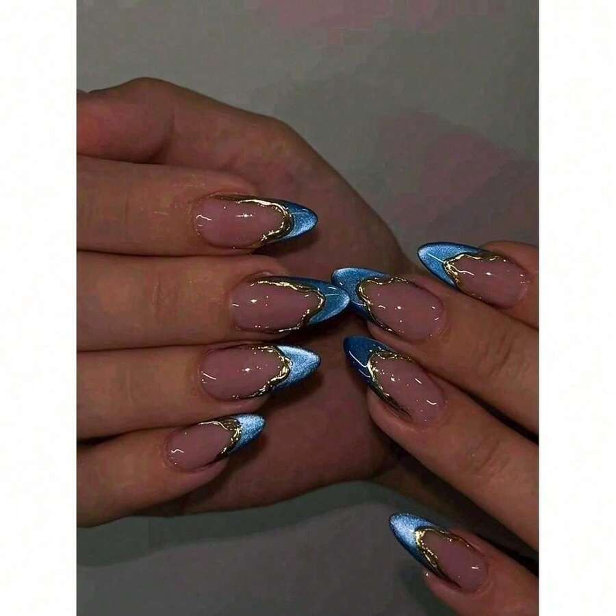 10pcs Handmade Press On Nails Short Almond Shape Reusable Nail Art Stickers Shiny Cat Eye French Manicure Hand-Painted Gold French Tip Pink Blue Gold Minimalist Cute Nails Elegant Daily Work Office Wedding Party Travel Easy To Apply Portable Nail Kit With File & Sticky Tabs  Odorless Flexible Soft Gel Feel Long-Lasting Wear No Glue Needed For Women Girls - 寶藍色 - 查看 1