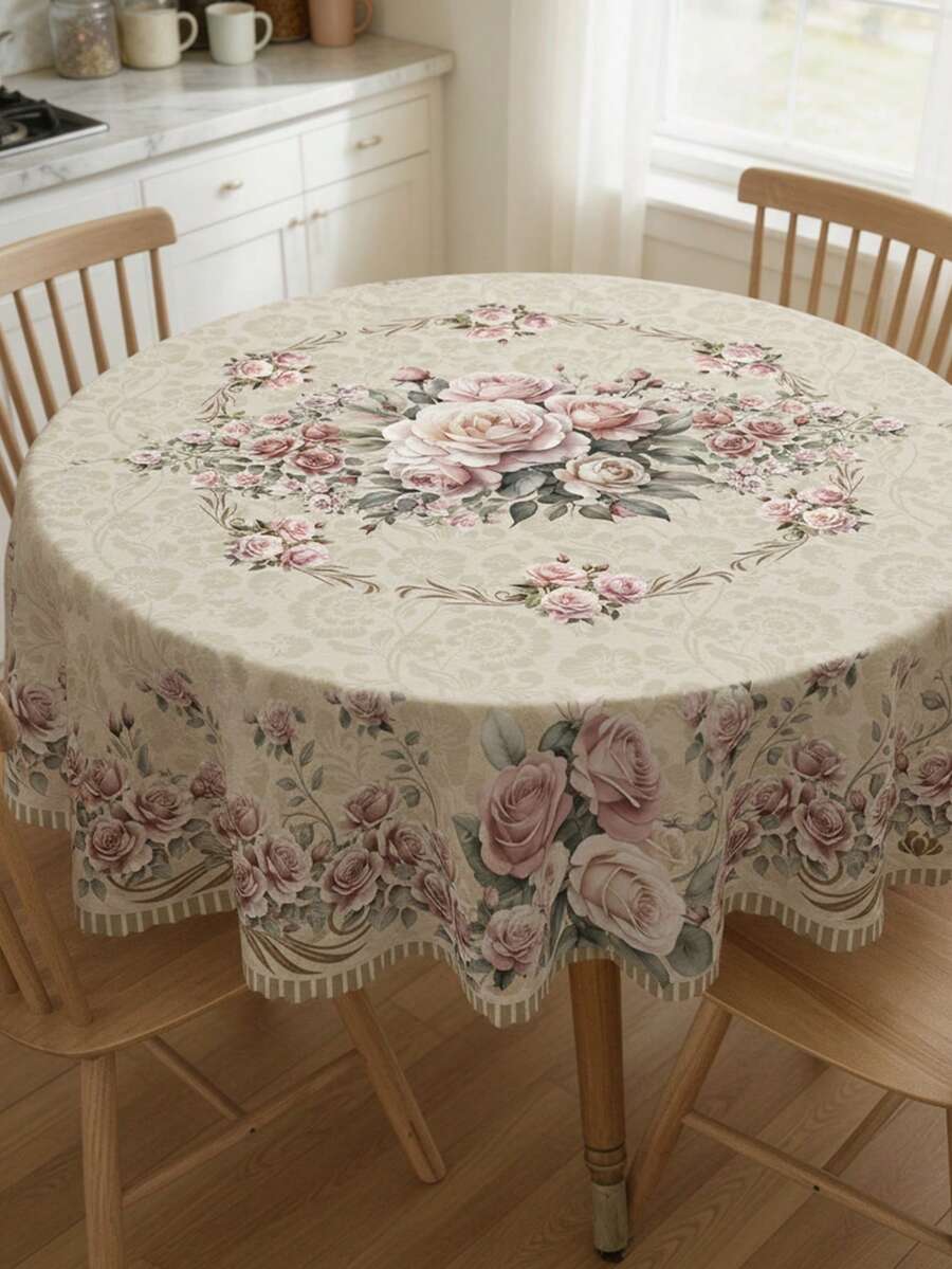 Vintage Pink Rose Floral Tablecloth, Waterproof Oil-Proof Rectangular/Round Table Cover For Dining Room, Kitchen, Party Decor - A - View 1