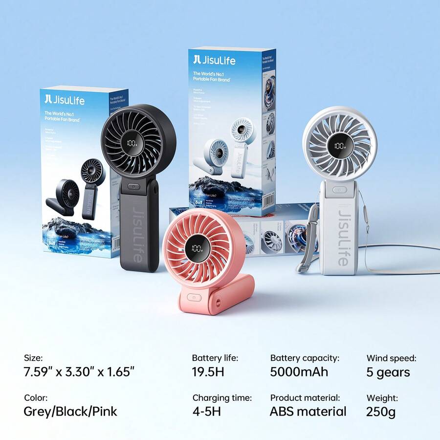 JISULIFE Handheld Fan Life7 – Ultimate Flexibility: High-Power Motor, LED Display, 19.5 Hrs Cooling, 5000mAh Rechargeable, 5-Speed, Foldable Design, 3-IN-1 Portable Fan For Travel Cruise Beach - 手持 - 查看 1