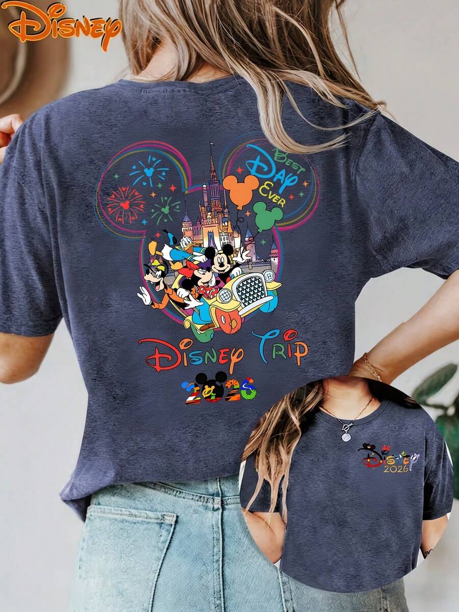 Disney License T Shirts,Disney 2026 Disney Trip Best Day Ever Women's Graphic T-Shirt, Retro Mickey Mouse Minnie Mouse Goofy Pluto Disney Castle Fireworks Balloon Cartoon Print Crew Neck Casual Loose Fit Short Sleeve Tee, Summer Casual Tops For Disney World Theme Park Family Vacation Daily Wear ,Camiseta, Summer Outfits For Women, Summer Clothes, Summer Tops, Tops For Women, Festival Outfits, Summer Tops For Women, Mother's Day, Mother's Day Clothing, Gifts For Family And Friends, Spring Outfits For Women, Officially Licensed Disney T-Shirts, Disney Men's And Women's Spring/Summer Fashion Casual Short-Sleeve T-Shirts - 藍色 - 查看 1