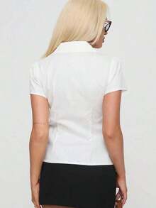 Women's Y2K Elegant Commuter Stretch Button Up Shirt Solid V-Neck Tops, Suitable For Daily Outings, Commuting, Dates, Music Festivals Crease Resistance, Dress Up With Blazer Jacket For Casual Business Office Lady White Summer - 白色 - 查看 5
