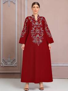 Bata árabe elegante con bordado 3D de patrón de cuerda oversize en rojo - Burdeos - Ver 2