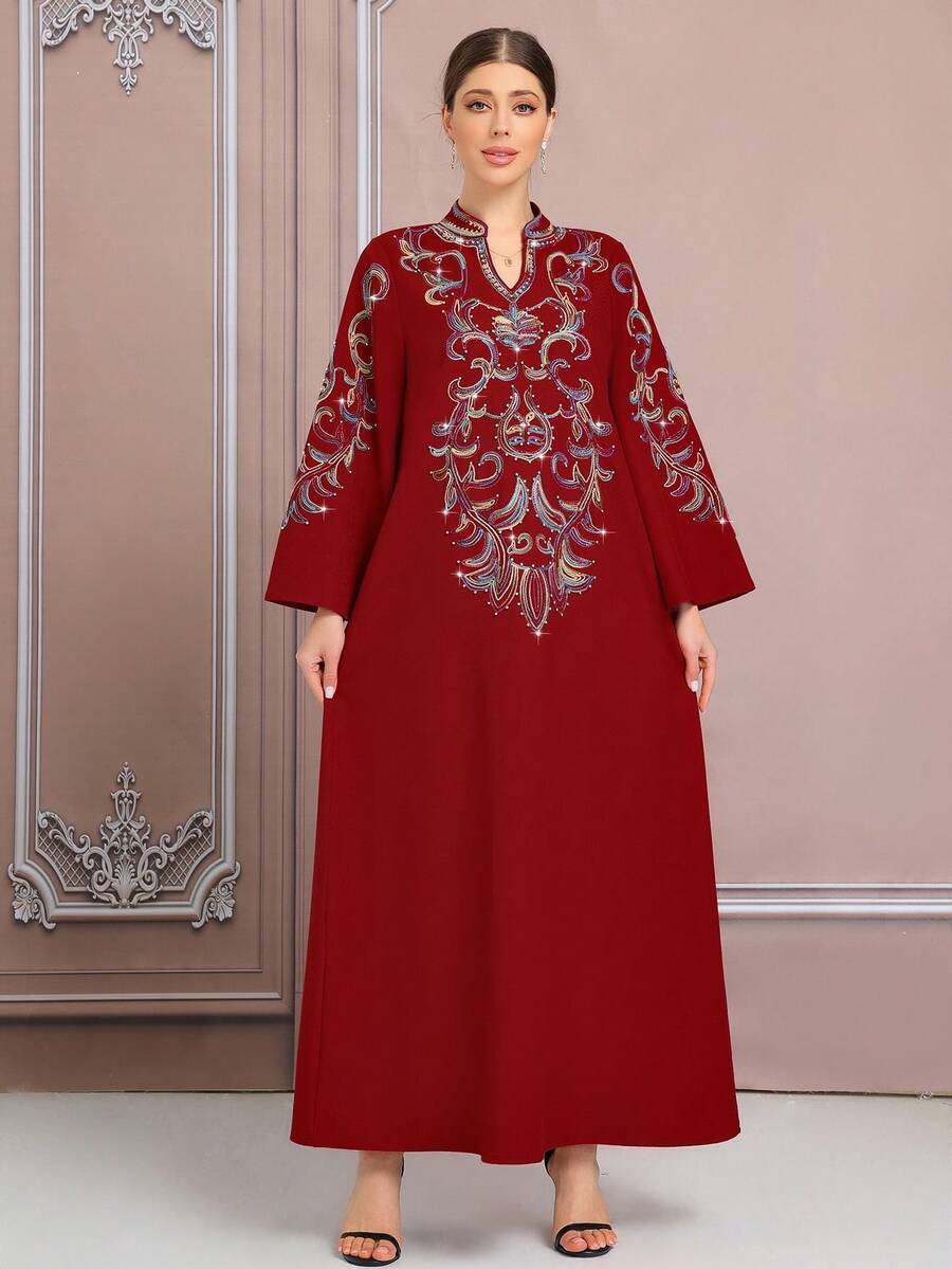 Bata árabe elegante con bordado 3D de patrón de cuerda oversize en rojo