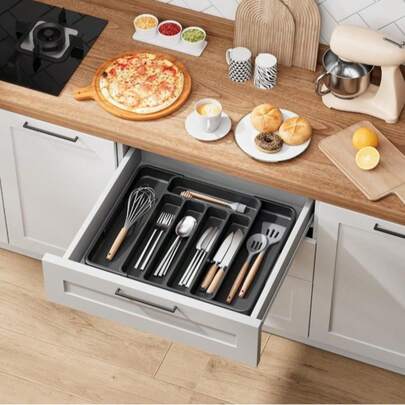 1pc Black & White Expandable Drawer Organizer Tray, Plastic Cutlery Holder, Adjustable Compartments For Utensils, Large Capacity Kitchen Accessories