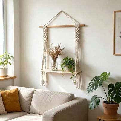 1pc Macrame Wall Hanging, Bohemian Style Wall Decor Storage, Handwoven Tapestry Fiber Art Shelf, Wall Organizer Hanging Tapestry (Excluding Plant Decor)