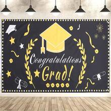 1 Piece Of Graduation Season Polyester Banner - 90.5x 70.8inch , Mixed Color Design "Congratulations Graduates!" With Hat And Diploma Pattern, Suitable For Outdoor Decoration, Home And Studio Props, Holiday Parties, And Room Decoration - 查看 1