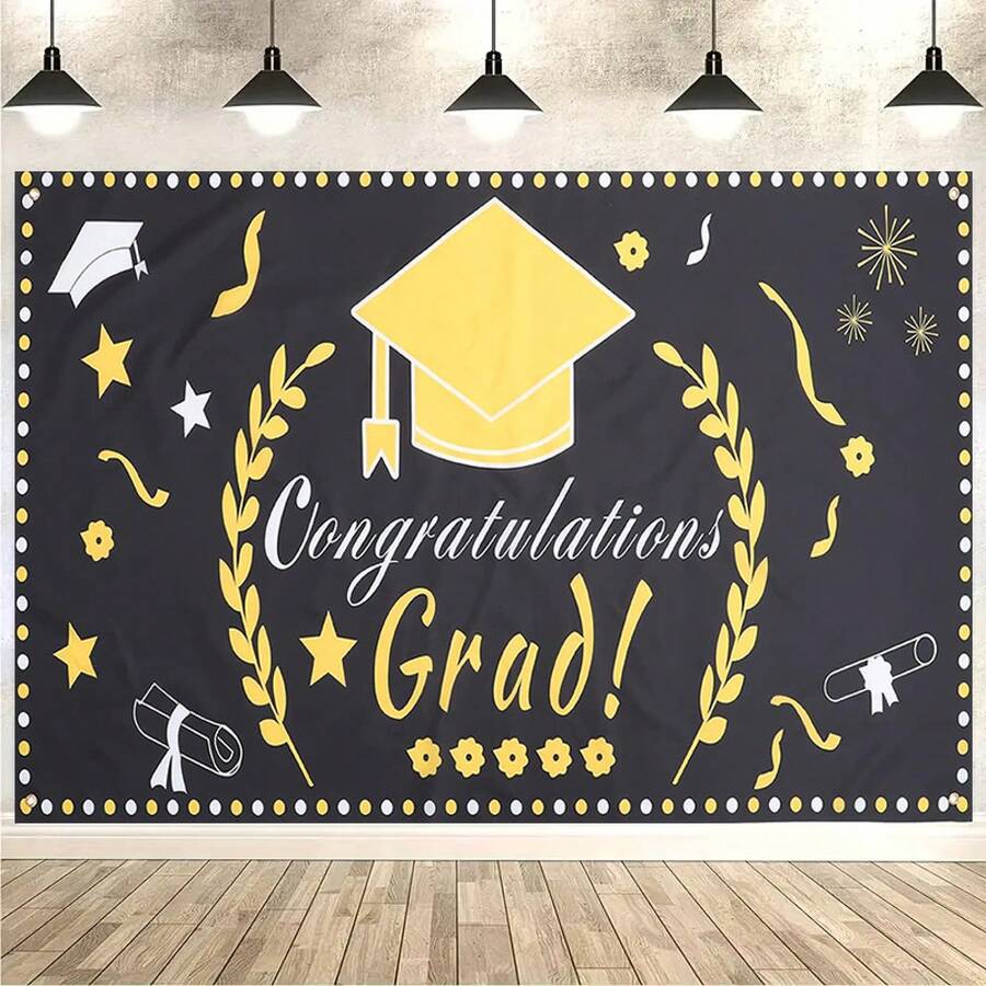 1 Piece Of Graduation Season Polyester Banner - 90.5x 70.8inch , Mixed Color Design "Congratulations Graduates!" With Hat And Diploma Pattern, Suitable For Outdoor Decoration, Home And Studio Props, Holiday Parties, And Room Decoration - 查看 1