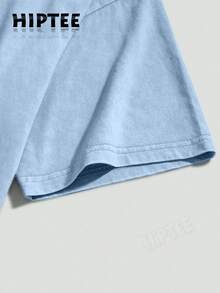 [100% Cotton Top] Cross & Letter Print Washed Tee - Retro Round Neck Breathable Streetwear, Casual Short Sleeve T-Shirt For Summer, Top For All Season-Unisex Women & Men's Daily Wear - 天藍 - 查看 4