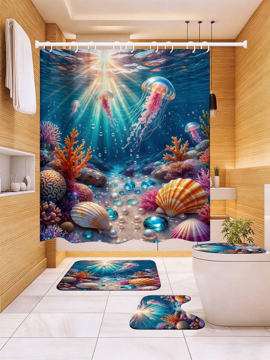 梦幻海底水母浴帘套装（1/3/4件），珊瑚礁贝壳阳光印花防水防霉浴室浴帘，涤纶柔软防滑浴室地垫套装（马桶座套+U型地垫），带12个挂钩，四季皆宜，梦幻海洋主题浴室装饰配件，适合日常居家使用、出租房翻新、节日浴室焕新、淋浴分隔，乔迁/生日/儿童节/母亲节/父亲节礼物