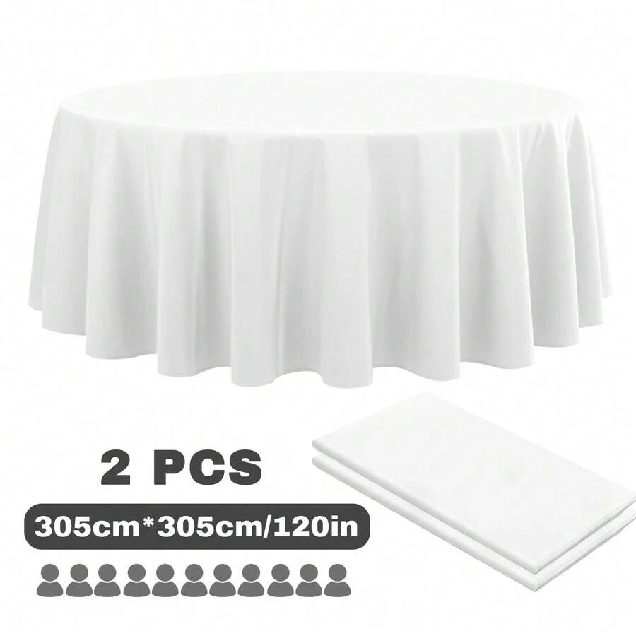 120in Disposable Plastic Round Tablecloth, PEVA Material, Extra Large Size For Party, Birthday Theme Decoration - White - View 1