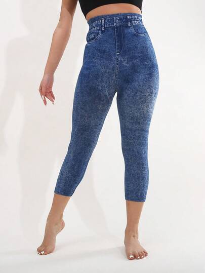 Women's Casual Fashion Denim Effect Dark Blue Cropped Shorts, Elastic Leggings, Slim Fit, Versatile, Suitable For Outdoor, Holiday, Party, Shopping, Walking