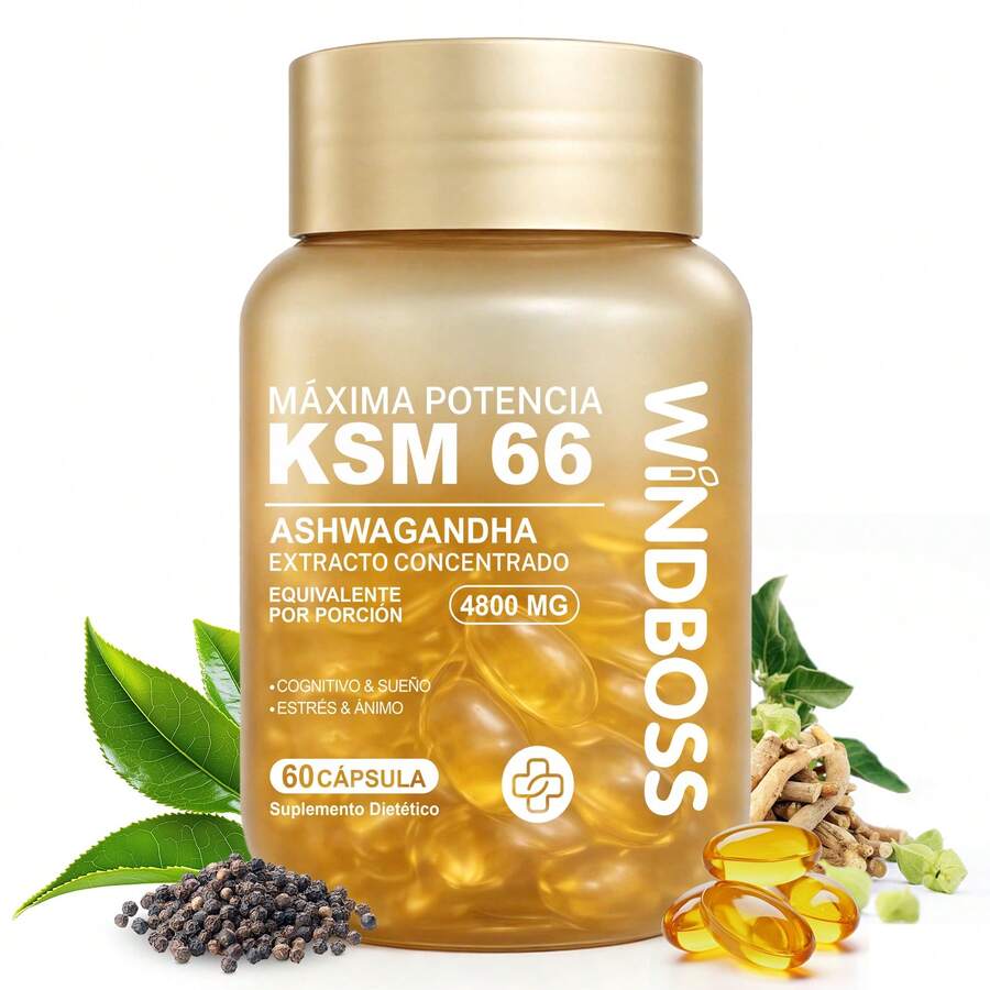 Windboss KSM-66 Ashwagandha 4800mg – Extracto Concentrado en Cápsulas | Apoyo al Bienestar Diario, Energía y Equilibrio | 60 Cápsulas - paquete 1 - Ver 1