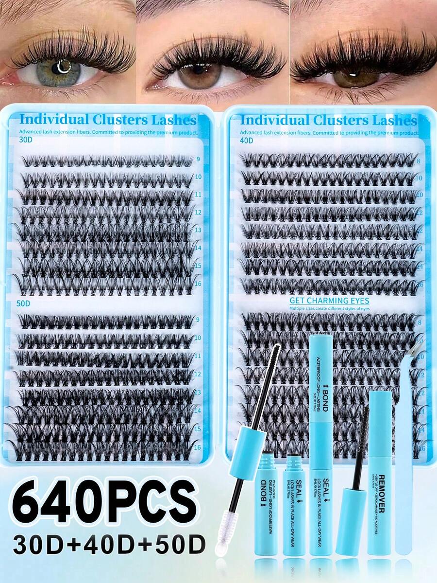 640片装（30D+40D+50D）DIY睫毛嫁接套装 - 包含假睫毛、胶水、卸妆液、镊子和刷子，专业人士和新手均可轻松上手，在家即可轻松操作。睫毛嫁接入门套装：包含假睫毛、胶水、卸妆液和工具的全套工具包，让您在家也能轻松打造专业级美睫效果。 - 彩色 - 查看 1