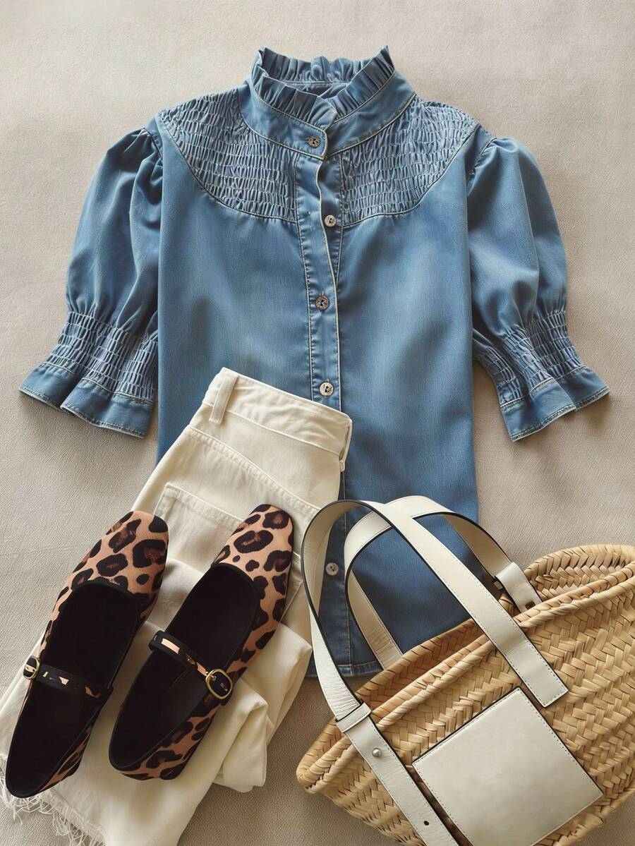 Damen Hellblau Denim Stehkragen Hemd, geeignet für Frühling und Sommer, entworfen mit Rüschenbesatz und Puffärmel Bluse, perfekt für den täglichen Arbeitsweg und vielseitiges Styling - Graublau - Übersicht 1