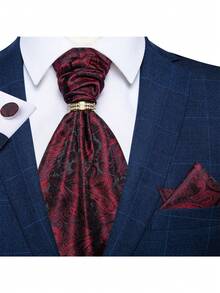 Bộ 4 món sang trọng dành cho nam giới: cà vạt Ascot họa tiết Paisley đỏ, khăn cài túi áo, khuy măng sét và nhẫn đính đá vàng, thích hợp cho tiệc cưới. - Đỏ - Xem 1