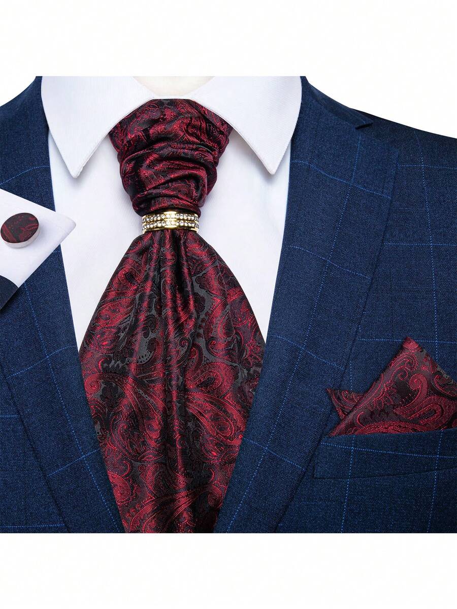 Bộ 4 món sang trọng dành cho nam giới: cà vạt Ascot họa tiết Paisley đỏ, khăn cài túi áo, khuy măng sét và nhẫn đính đá vàng, thích hợp cho tiệc cưới. - Đỏ - Xem 1