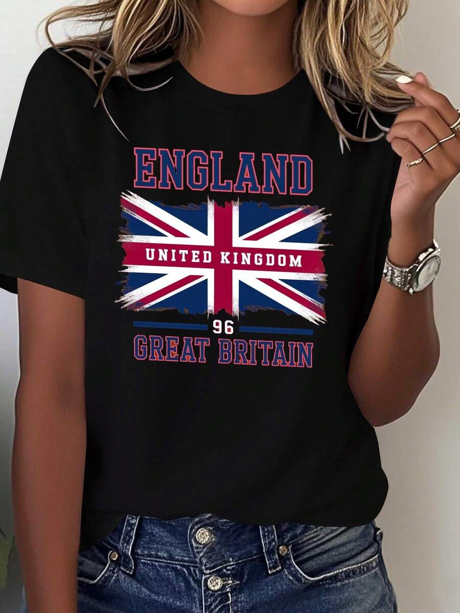 Women's Union Jack Collegiate British Flag T-Shirt - 100% Casual Y Top With National Flag Design, All-Season Fit For Spirit & Casual Attire - 黑色 - 查看 1
