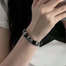 1 pieza Brazalete de cuero de PU con remaches y estampado geométrico de estilo punk, adecuado para fiestas en todas las estaciones - Negro - Ver 14