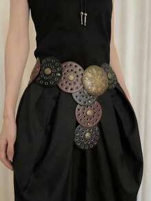 1pc PU Hollow Metal Grommet Round Waist Belt For Women, Multi-Color Western Style - Multicolor - View 10