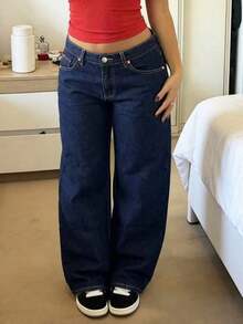 Women's Loose Low Waist Wide Leg Jeans, Vintage Distressed Streetwear Y2K Campus Style Casual Spring - 深色洗水 2 - 查看 6