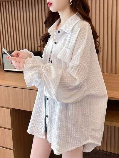 白色长袖轻薄宽松防晒开衫，女士款，春夏款