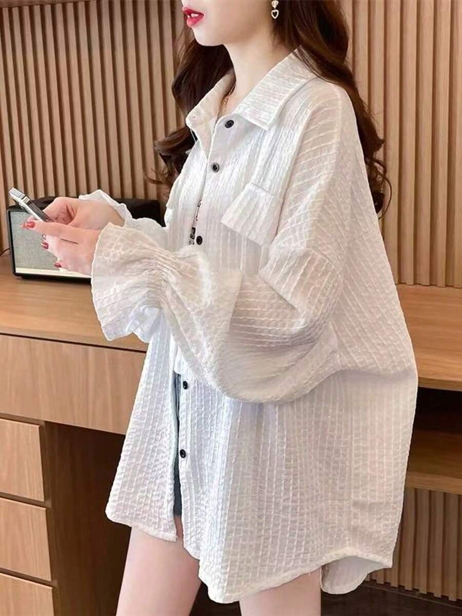 白色长袖轻薄宽松防晒开衫，女士款，春夏款 - 白色 - 查看 1