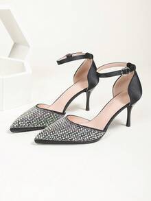 黑色高跟鞋，镶钻高跟鞋，闪亮金色，搭扣带，尖头，细高跟，套脚式，女士高跟鞋 - 黑色 - 查看 3