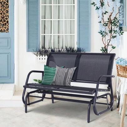 Cadeira de balanço, banco de jardim de 2 lugares, balanço de jardim, banco de parque, móveis de jardim em metal, preto, 120 x 70 x 88 cm