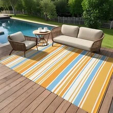 Striped Outdoor Area Rug, Waterproof Outdoor Rug,Reversible Outdoor Rugs, Patio Plastic UV Resistant Garden Rug, Plastic Straw Rug With Portable Bag For Front Door, Kitchen, Entryway, Patio, Porch - Blue/Orange/Yellow/White-8*10ft(244*305cm) - View 8