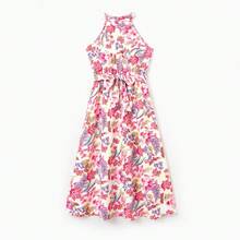 PatPat Family Matching Outfits Set Tropical Flora Print Short-Sleeve Collar Shirt Or Halter Belted Dress For Summer Vacation - Beige - View 5