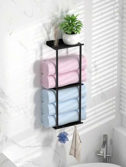 1pc No Drill Towel Rack - Self-Adhesive Towel Rack With Shelf, Bathroom Towel Rack, Can Be Stuck On Bathroom Wall