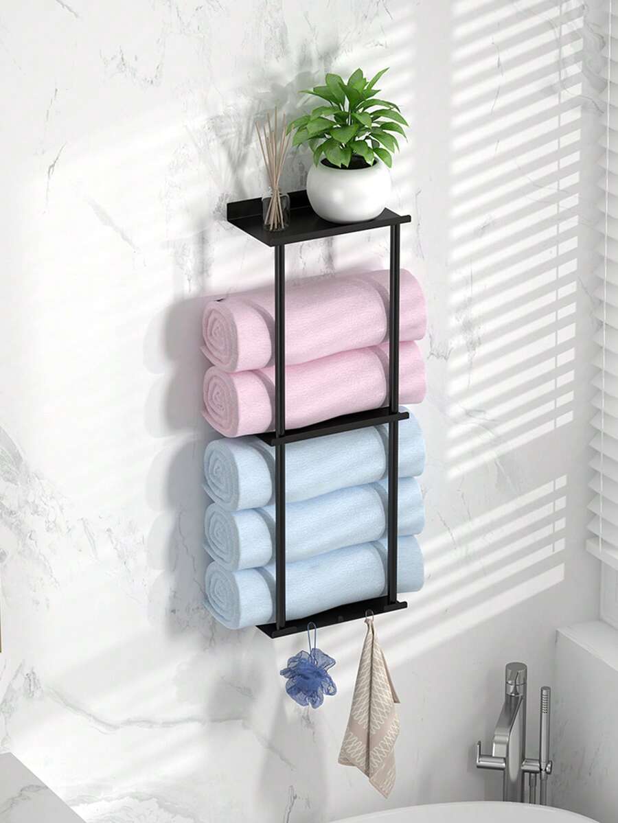 1 Giá Treo Khăn Không Cần Khoan - Giá Treo Khăn Tự Dính Có Kệ, Giá Treo Khăn Phòng Tắm, Có Thể Dán Lên Tường Phòng Tắm - màu đen - Xem 1