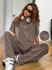 Women's Washed Brown T-Shirt And Pants Two-Piece Casual Set - 棕色 - 查看 6