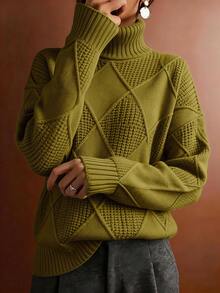 Solid Color Turtleneck Long Sleeve Sweater, Autumn/Winter - Olive Green - View 1