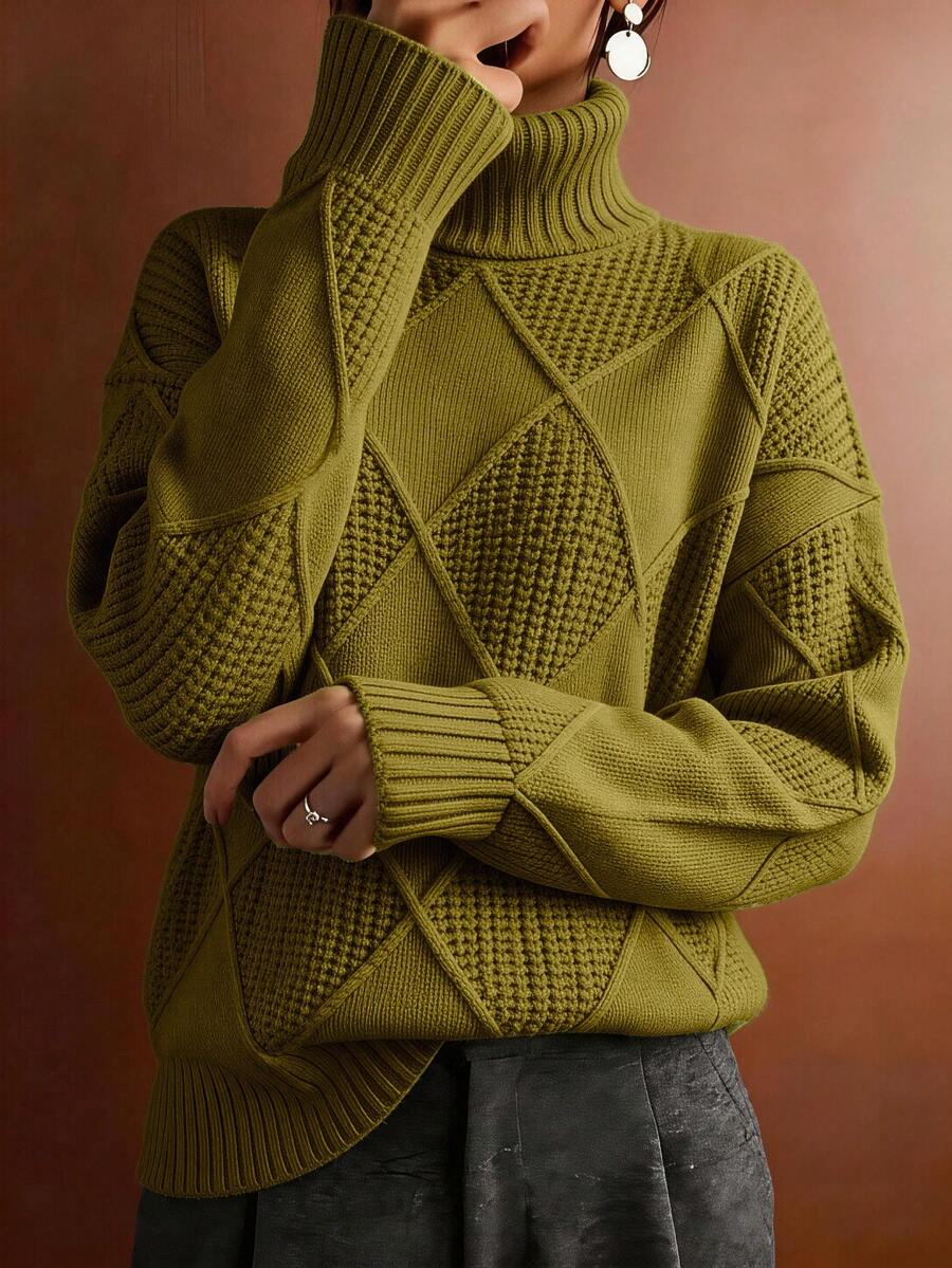Solid Color Turtleneck Long Sleeve Sweater, Autumn/Winter - Olive Green - View 1