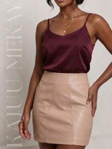 Women's Short Skirt, Faux Leather, High Waist, Cutouts, Night Party, Saint John's Day - Màu be - Xem 2