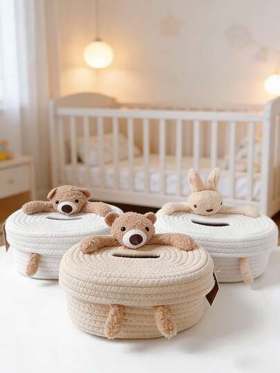 Hộp đựng khăn giấy bằng dây cotton dễ thương, thiết kế hình gấu và thỏ hoạt hình, trang trí nhà cửa cho phòng khách và phòng ngủ, hộp đựng chống va chạm.