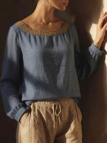 Women's Casual Lace Trim Linen Long Sleeve Blouse, Pullover Style, Leisure Vacation Top Spring - Light Wash - View 5