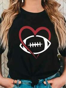 Fashion Plus Size Women's Clothing,Holiday Elegant Women's Y2K 'Heart And Football' Text Pattern T-Shirt, Breathable, Short Sleeve, Casual, Autumn Winter, Christmas Outfit, Round Neck Short Sleeve T-Shirt,  Polyester, Easy Care - Casual Vacation Style |   Daily Commute |   Casual Vacation, Women's Summer   Winter Clothes For Women,Everyday Versatile Items - 黑色 - 查看 1