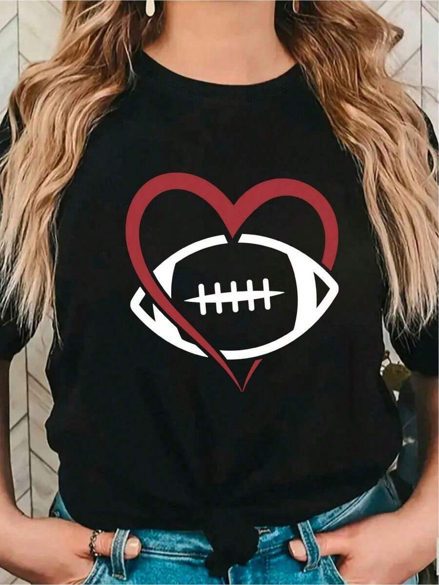 Fashion Plus Size Women's Clothing,Holiday Elegant Women's Y2K 'Heart And Football' Text Pattern T-Shirt, Breathable, Short Sleeve, Casual, Autumn Winter, Christmas Outfit, Round Neck Short Sleeve T-Shirt,  Polyester, Easy Care - Casual Vacation Style |   Daily Commute |   Casual Vacation, Women's Summer   Winter Clothes For Women,Everyday Versatile Items - 黑色 - 查看 1