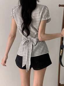 Plaid V-Neck Twist Front Short Sleeve Blouse For Women, Summer, Slim Fit - Khaki - View 3