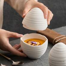 1pc Linear Pattern Ceramic Single-Serve Egg Cup, High-End Hotel & Restaurant Creative Commercial Egg-Shaped Steamer Bowl - Multicolor - View 2