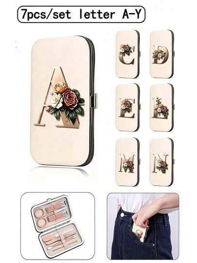 This 7-Piece Travel Nail Art Set Features Initial Letter Prints (A-Y) In Metal Floral Designs. It Includes A Large-Capacity Nail Care Storage Box, Stainless Steel Tools, An Ultra-Sharp, Splash-Proof Nail Clipper Set, And A Classic-Designed Nail Clipper Case. High-End And Sophisticated, It'S Perfect For Personal Use Or As A Gift.