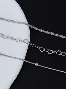 3pcs Stainless Steel Heart Beaded Multi-Layer Bracelet Set, Unisex Accessories For Daily, Work, Party - Silver - View 3