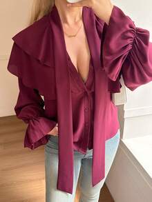 Women's Casual Ruffle Trim Blouse Top For Summer - Purple - View 4
