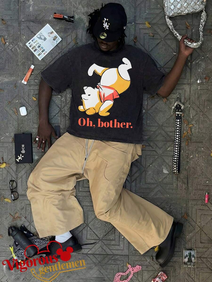 Unisex Short Sleeve T-Shirt, Disney Winnie The Pooh Fun Print Short Sleeve, Summer Travel Short Sleeve - 黑色 - 查看 1