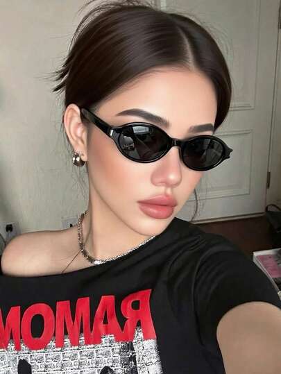 Retro Oval Small Frame Black Fashion Fashion Glasses, Women's Classic Plastic Eyewear For Outdoor Travel Beach Vacation Casual Wear, Summer UV Protection Shades, Unisex